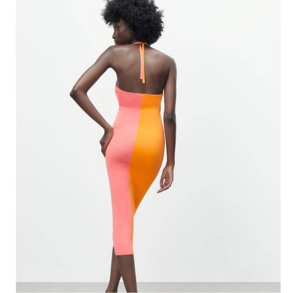New Zara Tied Knit Halter Pink Orange Colorblock Midi Dress 9598/095 Large - Picture 3 of 10